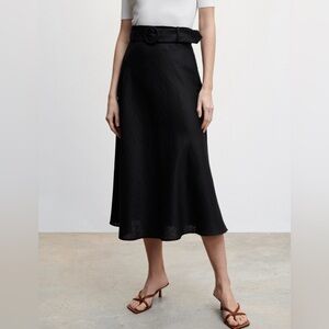 MANGO Linen Skirt with Belt, Size 4, Color Black